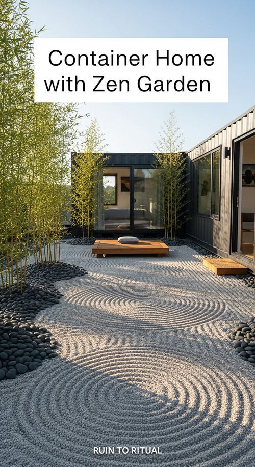 Vertical Pintereststyle image of container home with zen garden and meditation space Centered overla.jpg