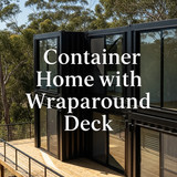 Vertical Pintereststyle image of container home with wraparound deck and railing Centered overlay te