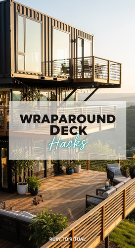 Vertical Pintereststyle image of container home with wraparound deck Centered overlay text reads Wra.jpg