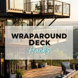 Vertical Pintereststyle image of container home with wraparound deck Centered overlay text reads Wra