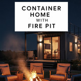 Vertical Pintereststyle image of container home with fire pit and seating area Centered overlay text