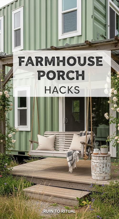 Vertical Pintereststyle image of container home with farmhouse porch swing Centered overlay text rea.jpg