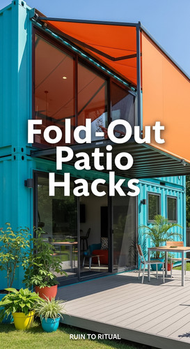 Vertical Pintereststyle image of container home with foldout patio awning Centered overlay text read.jpg