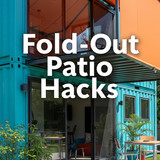 Vertical Pintereststyle image of container home with foldout patio awning Centered overlay text read