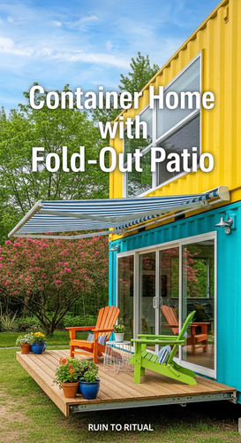 Vertical Pintereststyle image of container home with foldout patio and awning Centered overlay text .jpg