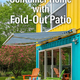 Vertical Pintereststyle image of container home with foldout patio and awning Centered overlay text 