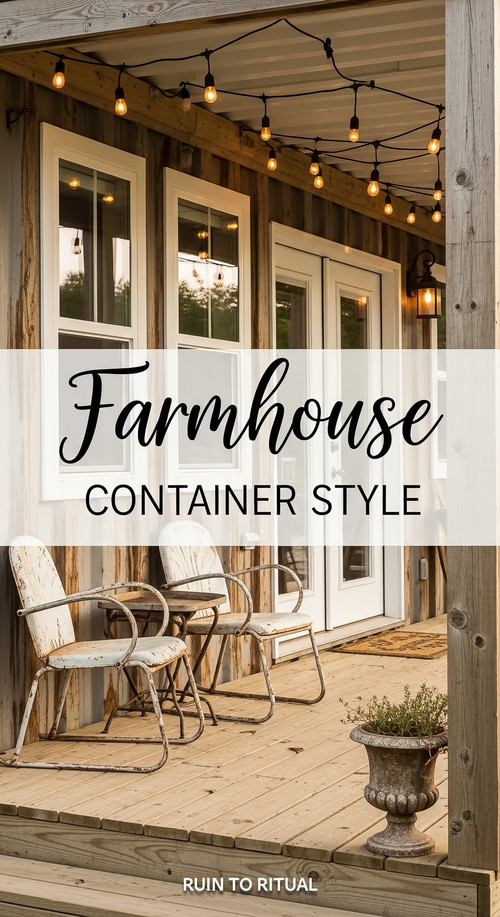 Vertical Pintereststyle image of container home with farmhouse porch Centered overlay text reads Far.jpg