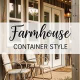 Vertical Pintereststyle image of container home with farmhouse porch Centered overlay text reads Far