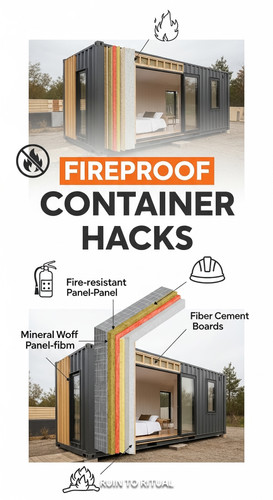 Vertical Pintereststyle image of container home with fireproof panels Centered overlay text reads Fi.jpg