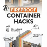 Vertical Pintereststyle image of container home with fireproof panels Centered overlay text reads Fi