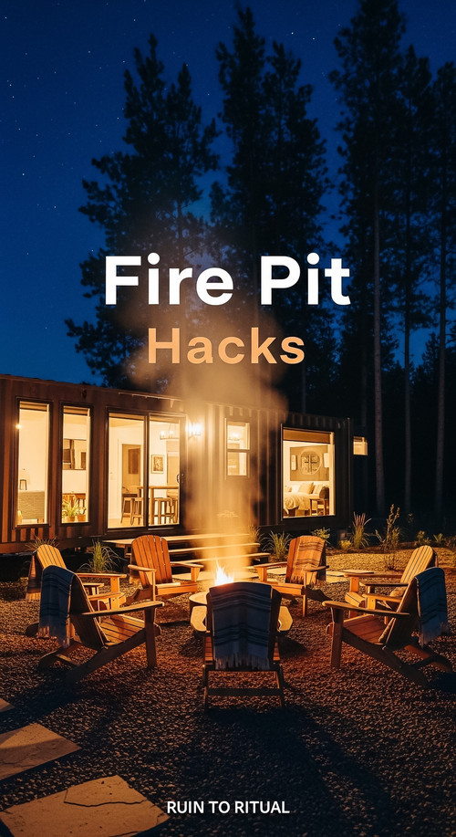 Vertical Pintereststyle image of container home with fire pit lounge Centered overlay text reads Fir.jpg