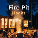 Vertical Pintereststyle image of container home with fire pit lounge Centered overlay text reads Fir