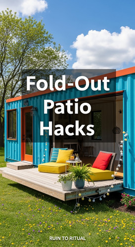 Vertical Pintereststyle image of container home with foldout patio Centered overlay text reads FoldO.jpg
