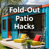 Vertical Pintereststyle image of container home with foldout patio Centered overlay text reads FoldO