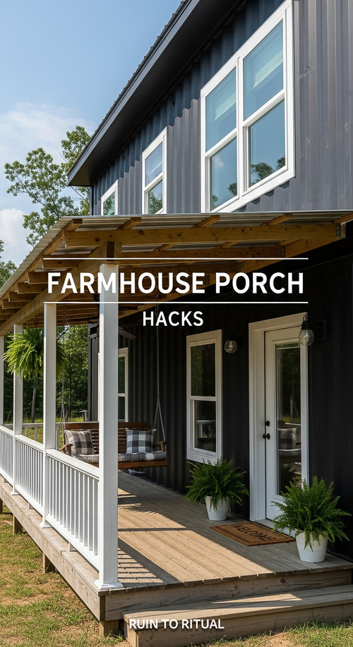 Vertical Pintereststyle image of container home with farmhouse porch Centered overlay text reads Far.jpg