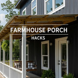 Vertical Pintereststyle image of container home with farmhouse porch Centered overlay text reads Far