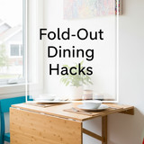 Vertical Pintereststyle image of container home with foldout dining table Centered overlay text read