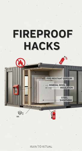 Vertical Pintereststyle image of container home with fireproof panels Centered overlay text reads Fi.jpg