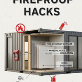 Vertical Pintereststyle image of container home with fireproof panels Centered overlay text reads Fi