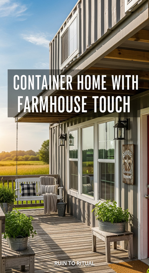 Vertical Pintereststyle image of container home with farmhouse touches and porch swing Centered over.jpg