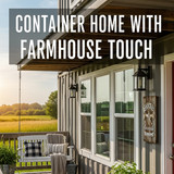 Vertical Pintereststyle image of container home with farmhouse touches and porch swing Centered over