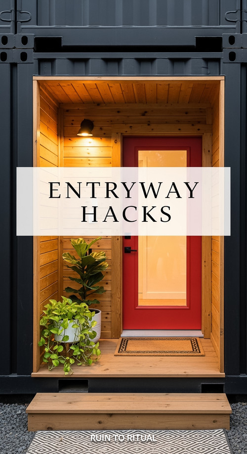 Vertical Pintereststyle image of container home with entryway porch Centered overlay text reads Entr.jpg
