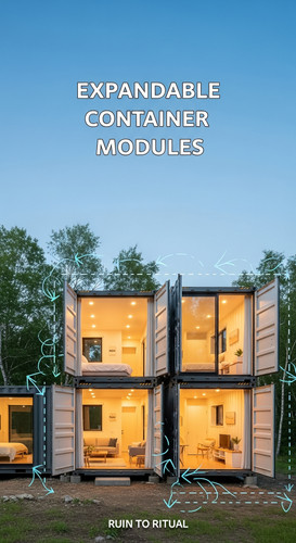Vertical Pintereststyle image of container home with foldout walls Centered overlay text reads Expan.jpg