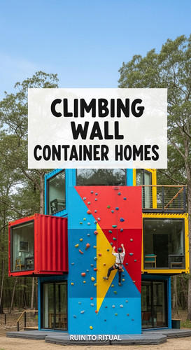 Vertical Pintereststyle image of container home with climbing wall Centered overlay text reads Climb.jpg