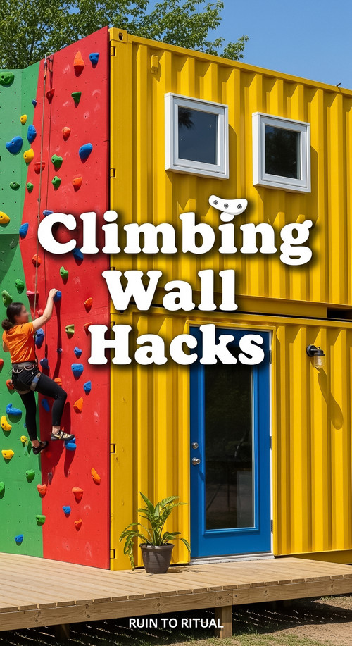 Vertical Pintereststyle image of container home with climbing wall Centered overlay text reads Climb.jpg
