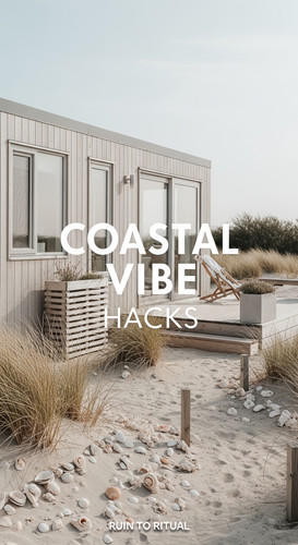 Vertical Pintereststyle image of container home with coastal vibes Centered overlay text reads Coast.jpg