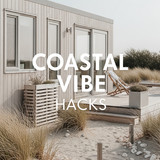 Vertical Pintereststyle image of container home with coastal vibes Centered overlay text reads Coast