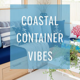 Vertical Pintereststyle image of container home with coastalinspired decor Centered overlay text rea