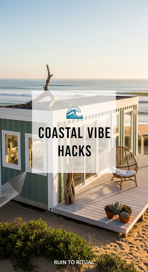 Vertical Pintereststyle image of container home with coastal vibes Centered overlay text reads Coast.jpg