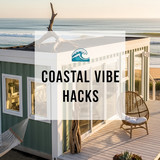 Vertical Pintereststyle image of container home with coastal vibes Centered overlay text reads Coast