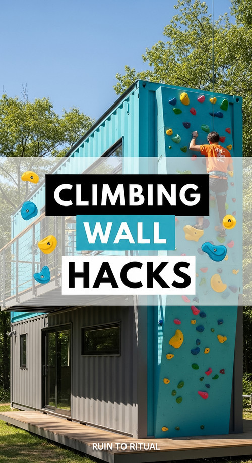 Vertical Pintereststyle image of container home with climbing wall Centered overlay text reads Climb.jpg