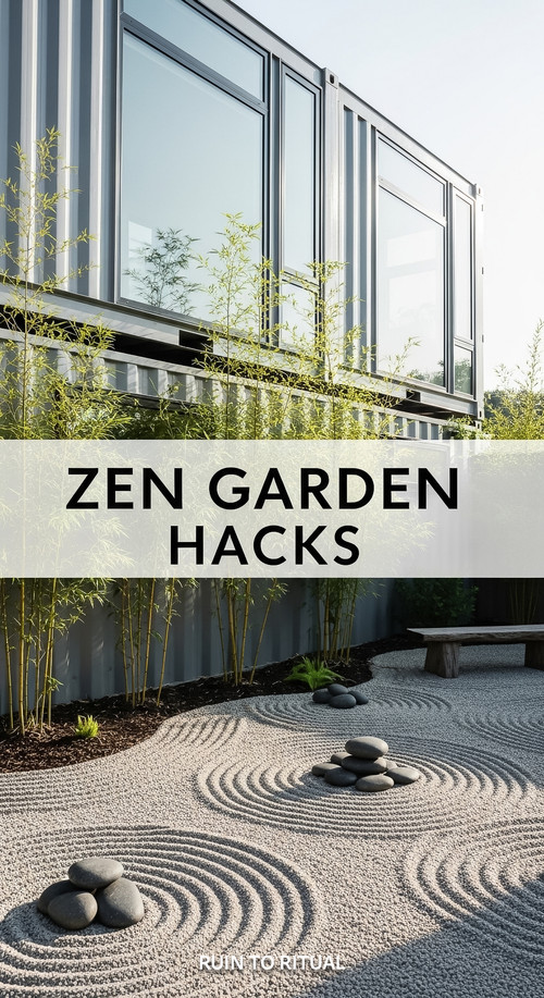 Vertical Pintereststyle image of container home with zen meditation garden Centered overlay text rea.jpg