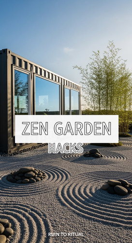 Vertical Pintereststyle image of container home with zen garden Centered overlay text reads Zen Gard.jpg