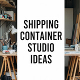 Vertical Pintereststyle image of container studio with workspace and art supplies Centered overlay t