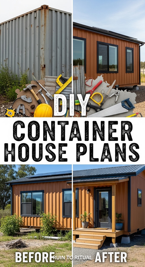 Vertical Pintereststyle image of DIY container home transformation with beforeafter visuals Centered.jpg