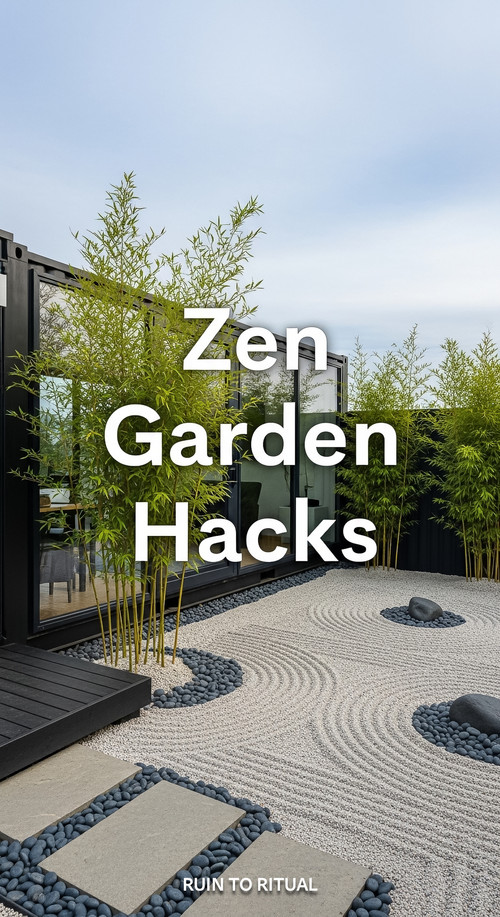 Vertical Pintereststyle image of container home with zen garden Centered overlay text reads Zen Gard.jpg