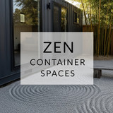 Vertical Pintereststyle image of container home with zen meditation garden Centered overlay text rea