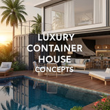 Vertical Pintereststyle image of luxury container villa with pool and openplan living Centered overl