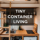 Vertical Pintereststyle image showing a tiny container home with loft bed and compact kitchen Center