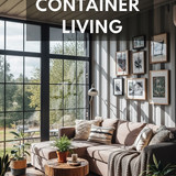 Vertical Pintereststyle image of openplan container living room with large windows and sofa Centered
