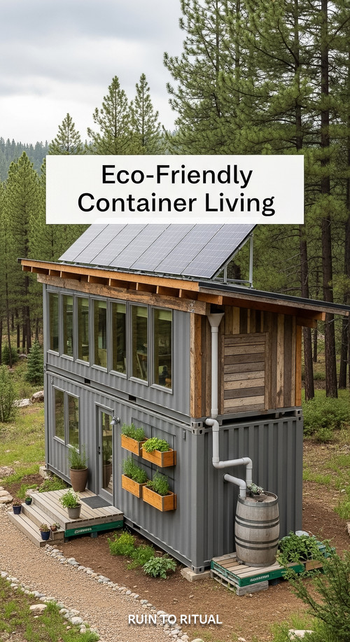 Vertical Pintereststyle image of offgrid container home with solar panels and rainwater system Cente.jpg