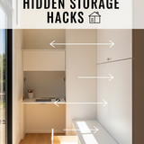 Vertical Pintereststyle image of container home with hidden storage Centered overlay text reads Hidd