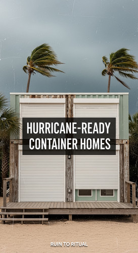 Vertical Pintereststyle image of container home with hurricane shutters Centered overlay text reads .jpg