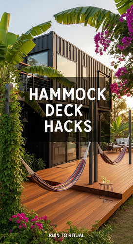 Vertical Pintereststyle image of container home with hammock deck Centered overlay text reads Hammoc.jpg