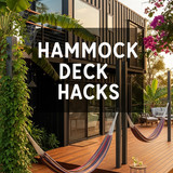 Vertical Pintereststyle image of container home with hammock deck Centered overlay text reads Hammoc