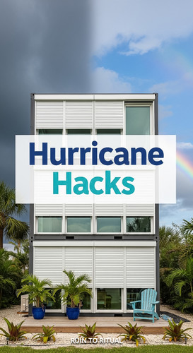 Vertical Pintereststyle image of container home with hurricane shutters Centered overlay text reads .jpg